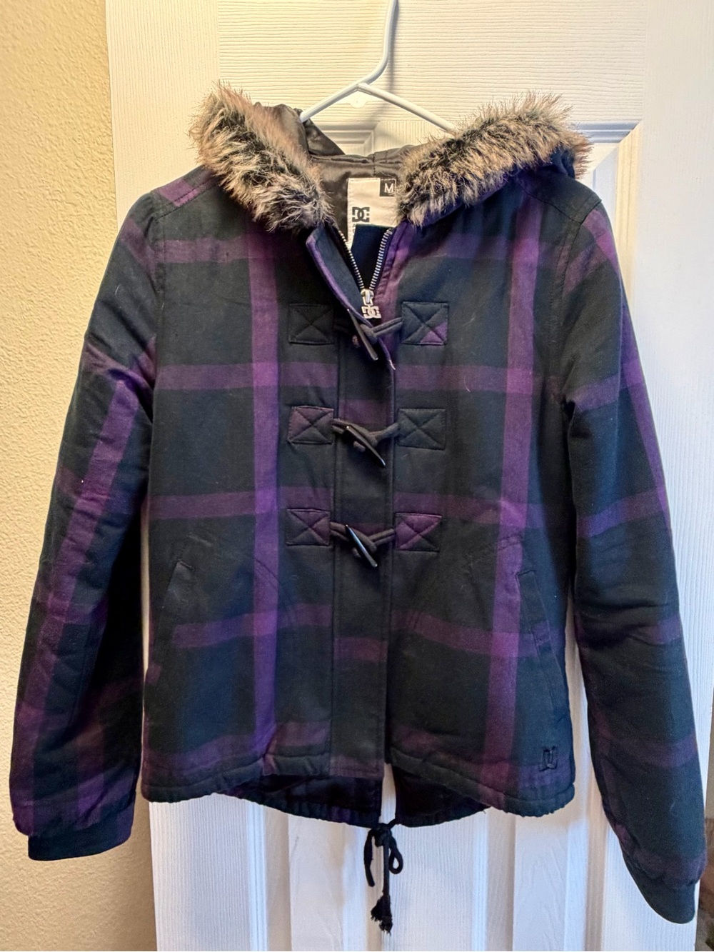 DC Black and Purple Plaid Hooded Jacket with Faux Fur Trim